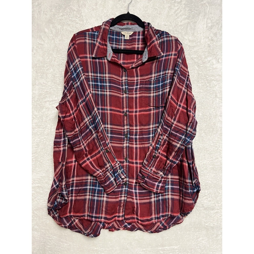 Lucky Brand Women's 2X‎ Red Plaid Button Front Roll Tab Flannel Shirt